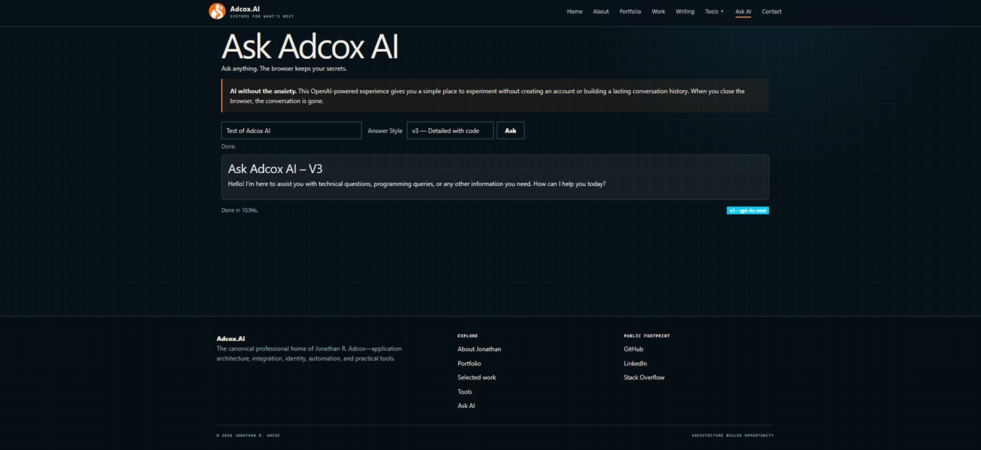 Ask Adcox AI showing its prompt controls and a completed response