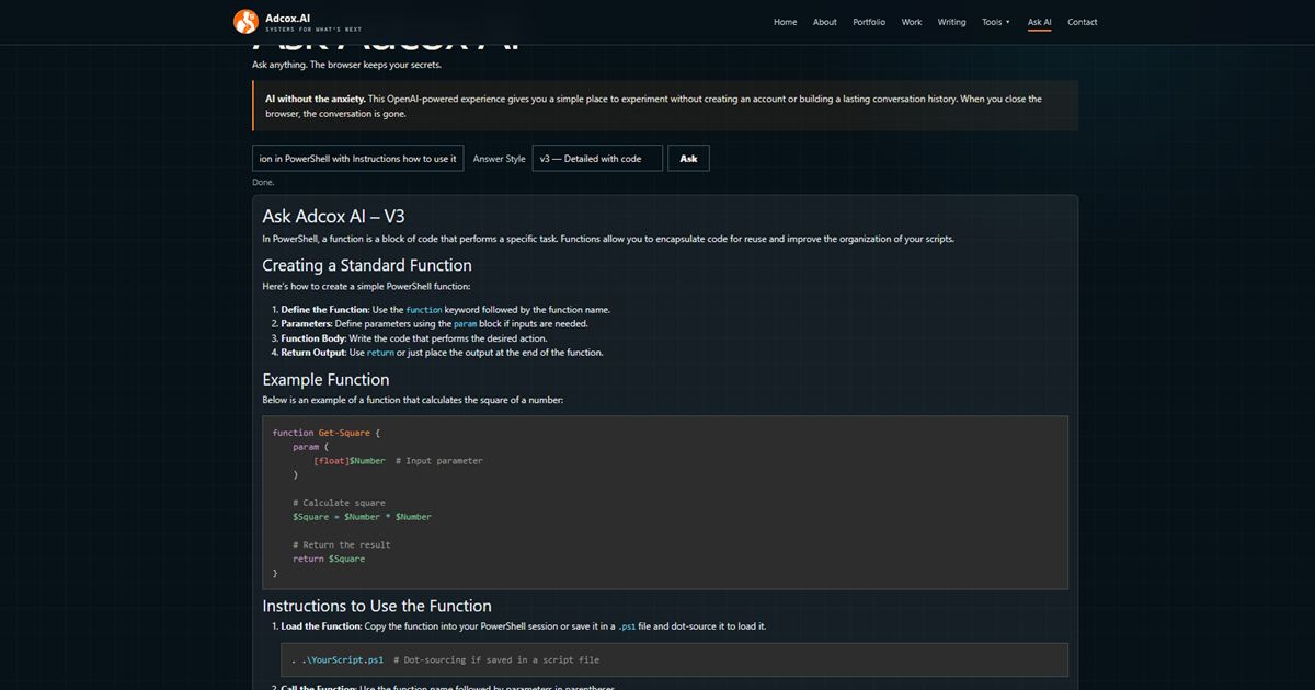 Ask Adcox AI displaying a detailed PowerShell answer with syntax-highlighted code
