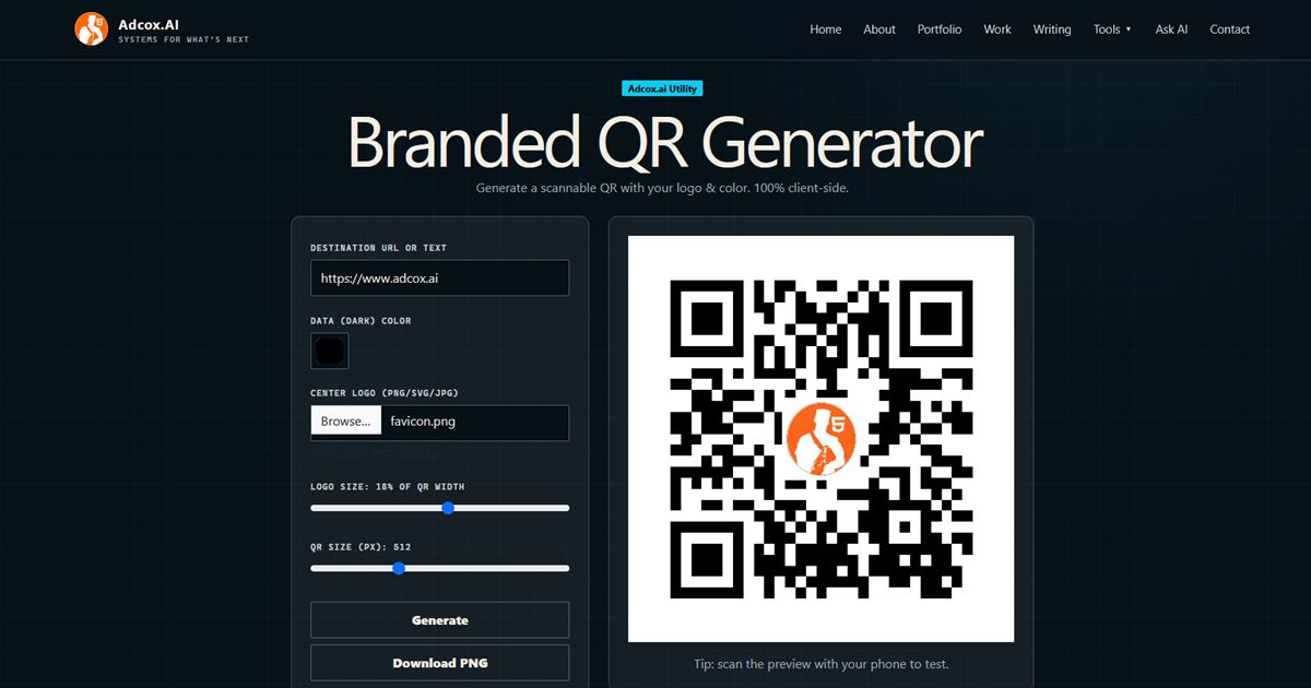Branded QR Maker interface displaying an Adcox.AI QR code with a centered logo