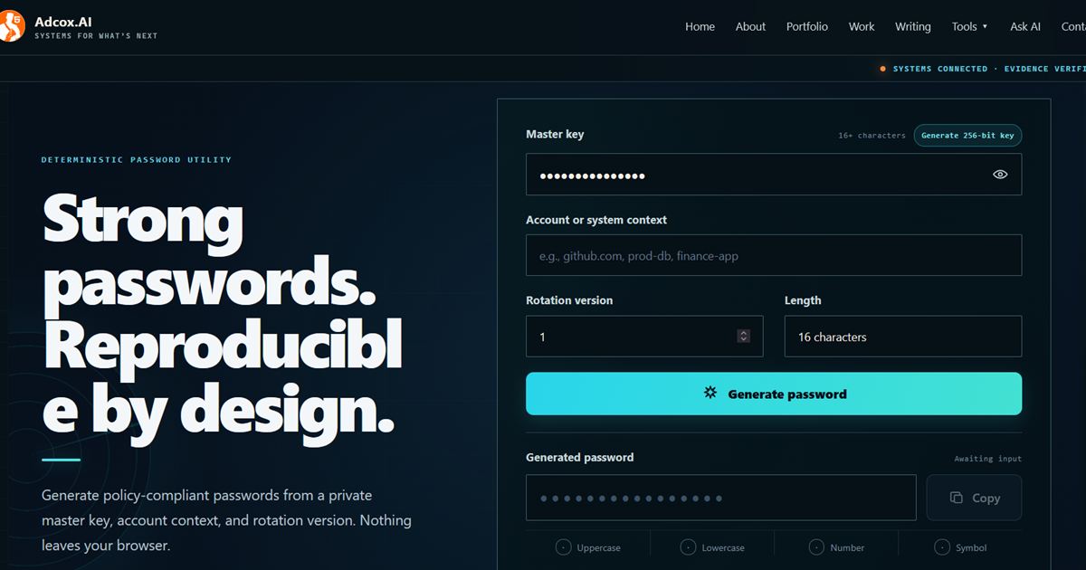 KeyForge password derivation interface with a masked master key and generation controls