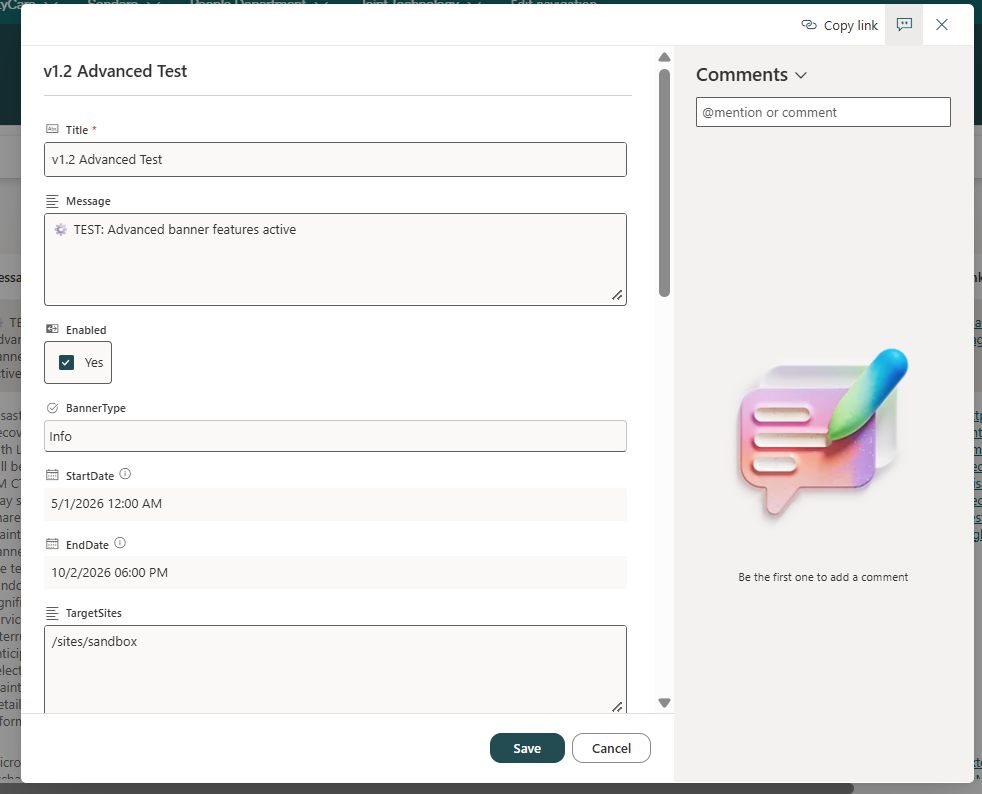 SharePoint maintenance-banner configuration form with message, type, schedule, and target-site controls