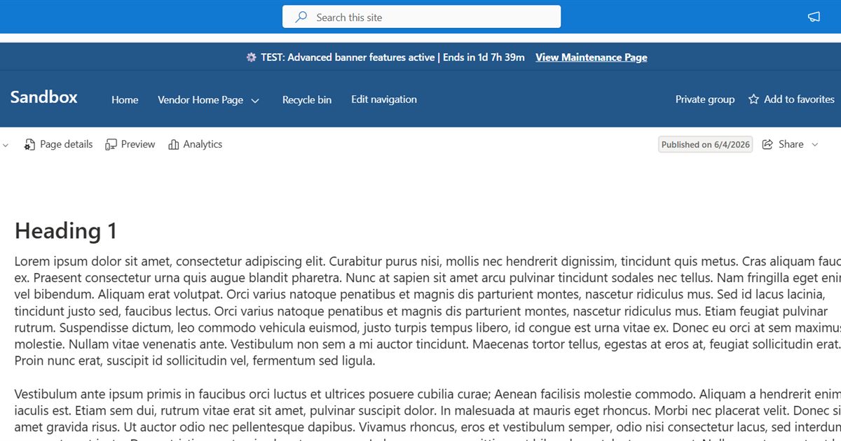 SharePoint sandbox page displaying the active tenant-wide maintenance banner