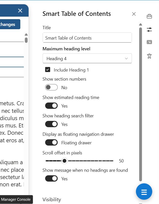 Smart Table of Contents SharePoint property pane showing heading, reading-time, search, drawer, and scroll-offset settings