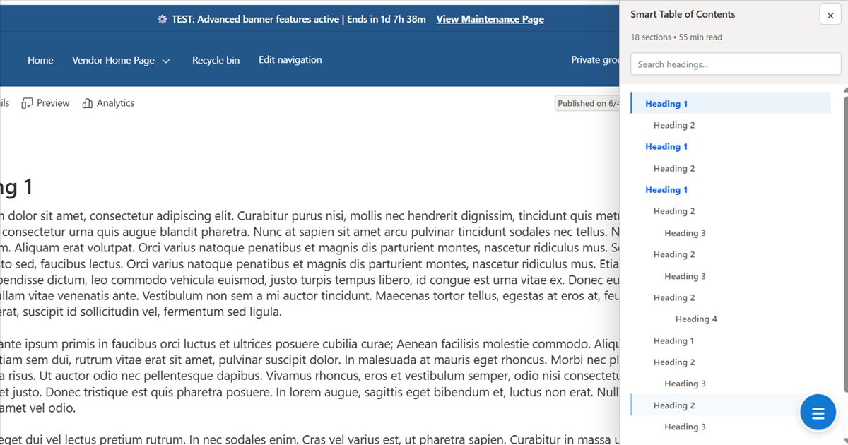 Smart Table of Contents floating drawer displaying nested headings on a SharePoint page