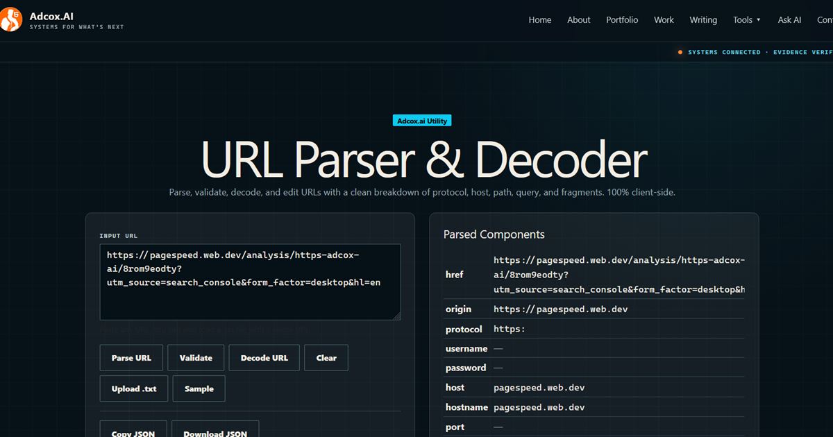 URL Parser interface showing a URL broken into parsed components